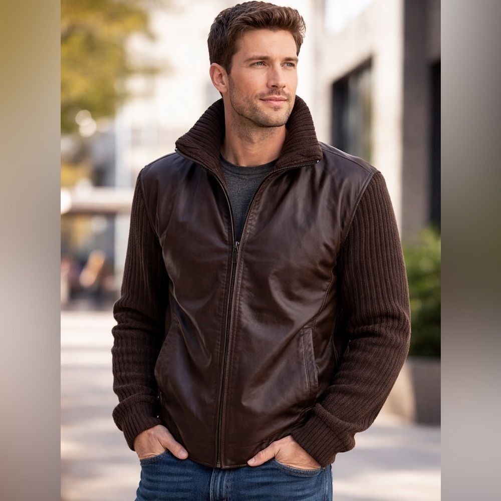 Eddie Bauer Men’s Classic Leather Bomber Jacket Lambswool Sleeves XL